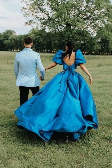 Ocean Blue A-Line Short Sleeves Satin Prom Dresses with Slit