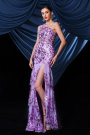 Purple Tiered One-Shoulder Mermaid Sequin Evening Dresses with Slit