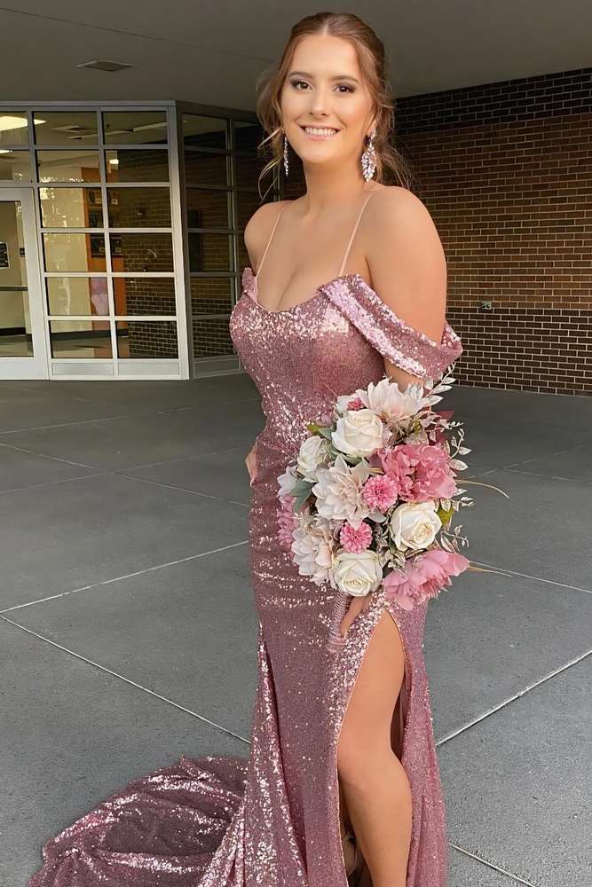 Gorgeous Off-The-Shoulder Sequined Mermaid Evening Dresses with Slit