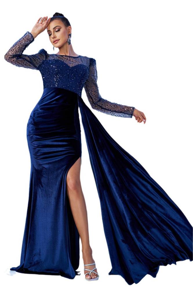 Jewel Neck Mermaid Velvet Evening Dresses with Slit