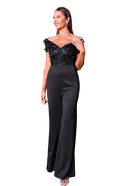 Black V-Neck Off-The-Shoulder Jumpsuit Evening Dresses