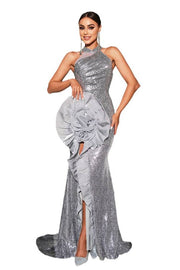 Silver High Neck Sequined Mermaid Split Front Prom Dresses with Handmade Flower