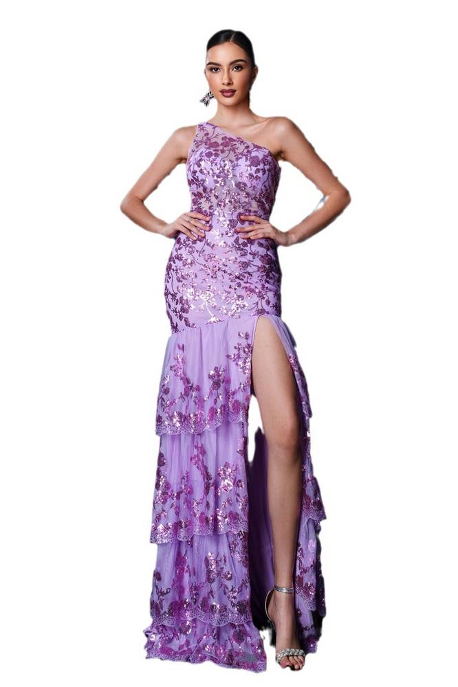 Purple Tiered One-Shoulder Mermaid Sequin Evening Dresses with Slit