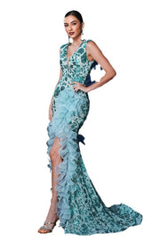 V-Neck Mermaid Sleeveless Sequin Tulle Prom Dresses with Slit