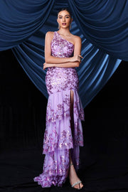 Purple Tiered One-Shoulder Mermaid Sequin Evening Dresses with Slit