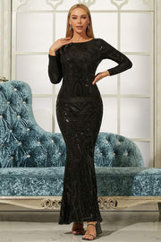 Black Mermaid Jewel Neck Sequin Evening Dresses with Long Sleeves