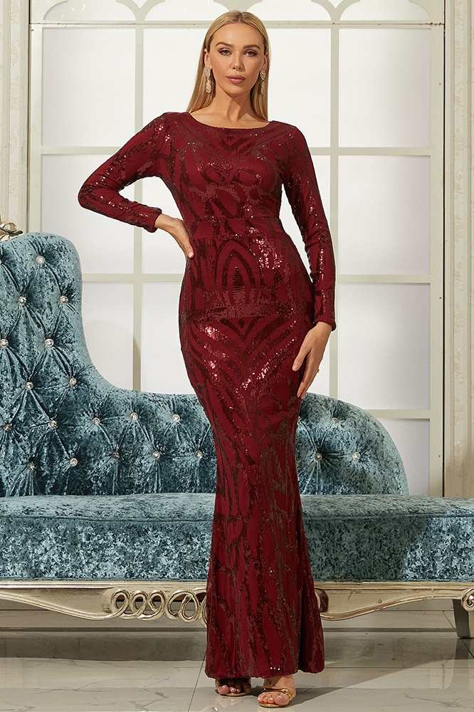 Red Mermaid Jewel Neck Sequin Evening Dresses with Long Sleeves