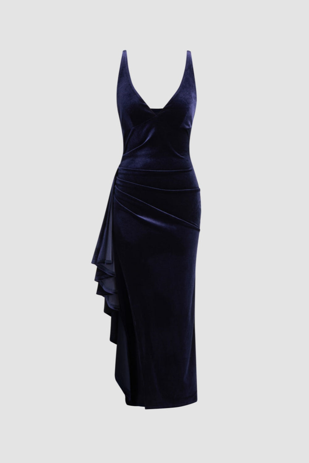 Dark Navy Sleeveless Mermaid Velvet Prom Dress with Ruffles