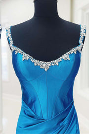 Ocean Blue V-Neck Mermaid Satin Long Formal Dresses with Rhinestones