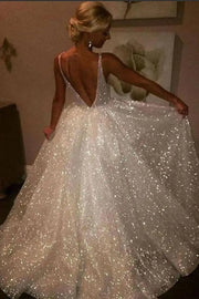 White Luxurious Sequined A-Line V-Neck Party Prom Dresses with Open Back