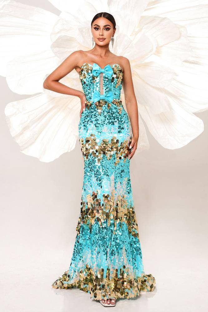 Sequined Strapless Mermaid Evening Dresses with Bow