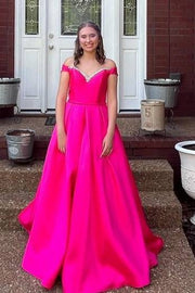 Fuchsia Off-The-Shoulder V-Neck A-Line Satin Prom Dresses with Rhinestones