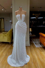 White Sequined Strapless Mermaid Prom Dresses