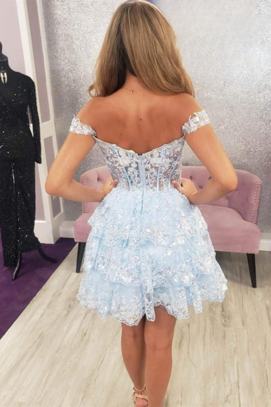 Sky Blue Tiered Off-The-Shoulder Sequined A-Line Formal Dresses