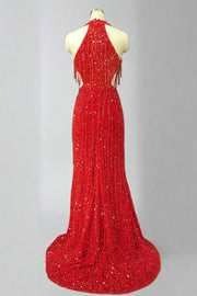 Red Deep V-Neck Sleeveless Mermaid Sequined Long Split Front Prom Dresses with Tassels