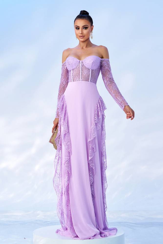 Lilac Sweetheart Off-The-Shoulder A-Line Chiffon Prom Dresses with Long Sleeves