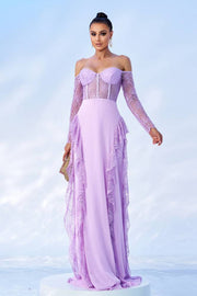 Lilac Sweetheart Off-The-Shoulder A-Line Chiffon Prom Dresses with Long Sleeves