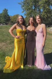 Yellow Strapless Mermaid Satin Prom Dresses with Slit