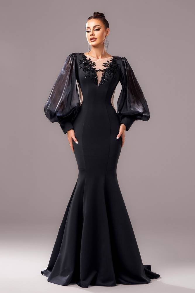 Black Long Sleeves Mermaid Stretch Satin Prom Dresses with Appliques