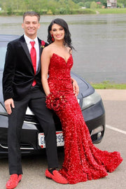 Red Long Mermaid V-Neck Sequined Prom Dresses 