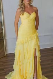 Yellow Sweetheart Strapless Mermaid Chiffon Prom Dresses with Ruffles