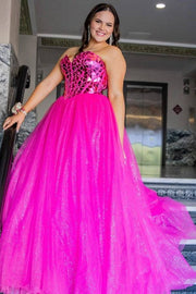 Fuchsia Plus Size Ball Gown Sequined Tulle Prom Dresses Strapless Sweetheart