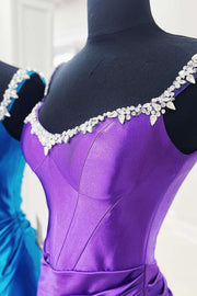 Purple V-Neck Mermaid Satin Long Formal Dresses with Rhinestones