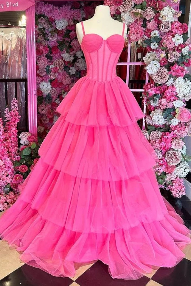 Tiered Long A-Line Tulle Prom Dresses Spaghetti Straps Sweetheart