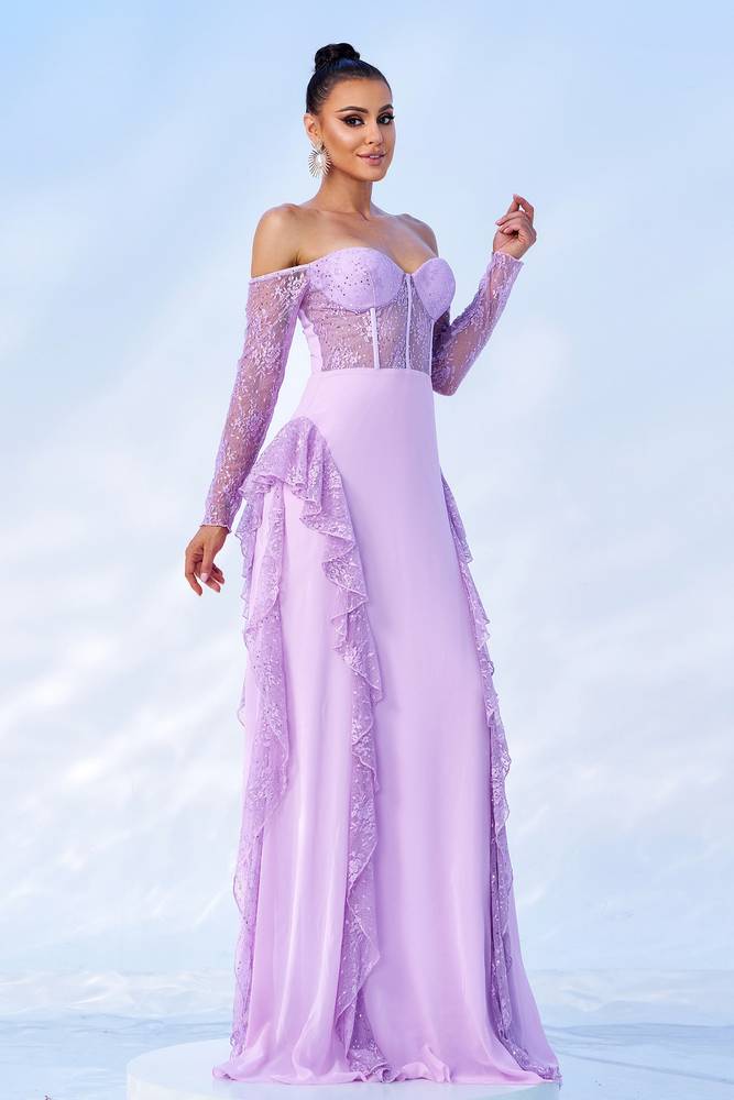 Lilac Sweetheart Off-The-Shoulder A-Line Chiffon Prom Dresses with Long Sleeves