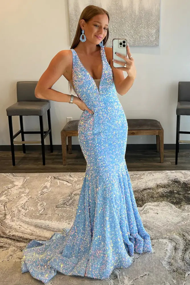 Sky Blue Sequined Deep V-Neck Backless Mermaid Prom Dresses