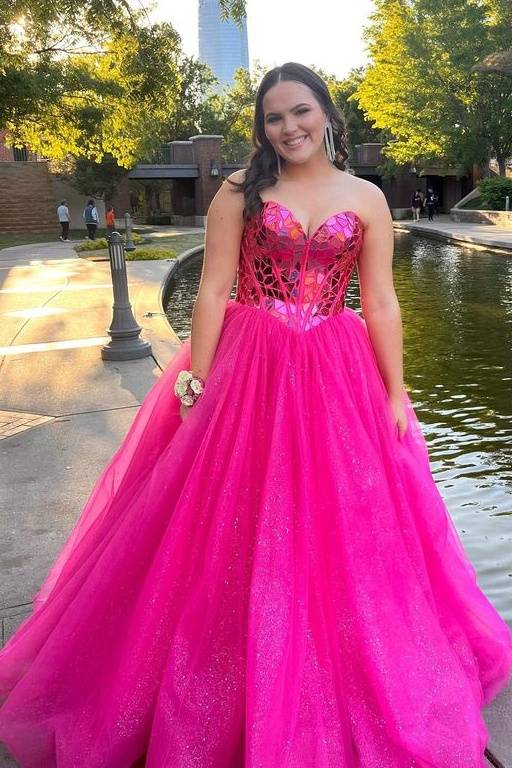 Fuchsia Plus Size Ball Gown Sequined Tulle Prom Dresses Strapless Sweetheart