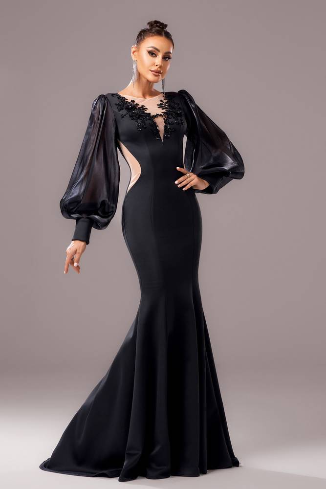 Black Long Sleeves Mermaid Stretch Satin Prom Dresses with Appliques