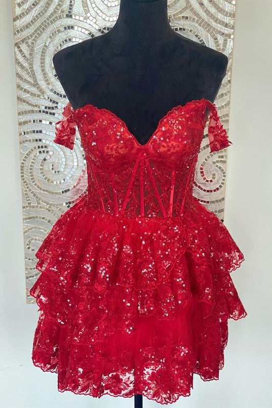 Red Off the Shoulder A-Line Tiered Ruffles Dress with Applique