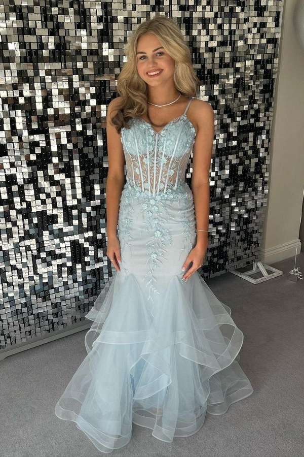 Sky Blue Mermaid Organza Spaghetti Straps Prom Dresses with Appliques