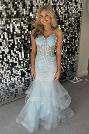 Sky Blue Mermaid Organza Spaghetti Straps Prom Dresses with Appliques