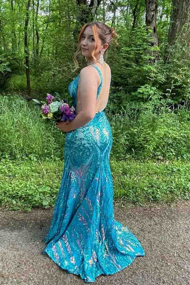 Dark Green Sequined Mermaid V-Neck Backless Prom Dresses