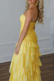 Yellow Sweetheart Strapless Mermaid Chiffon Prom Dresses with Ruffles