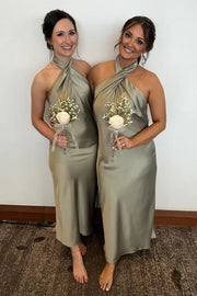 Stylish Halter Sleeveless Sheath Satin Bridesmaid Dresses