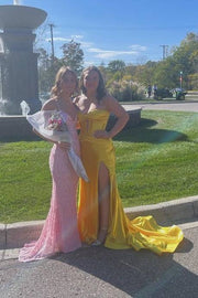 Yellow Strapless Mermaid Satin Prom Dresses with Slit