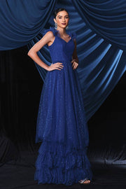 Royal Blue Glittery V-Neck A-Line Tulle Evening Formal Dresses with Ruffles