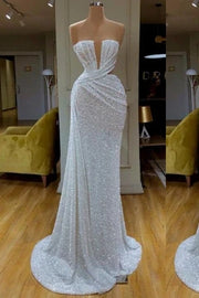 White Sequined Strapless Mermaid Prom Dresses