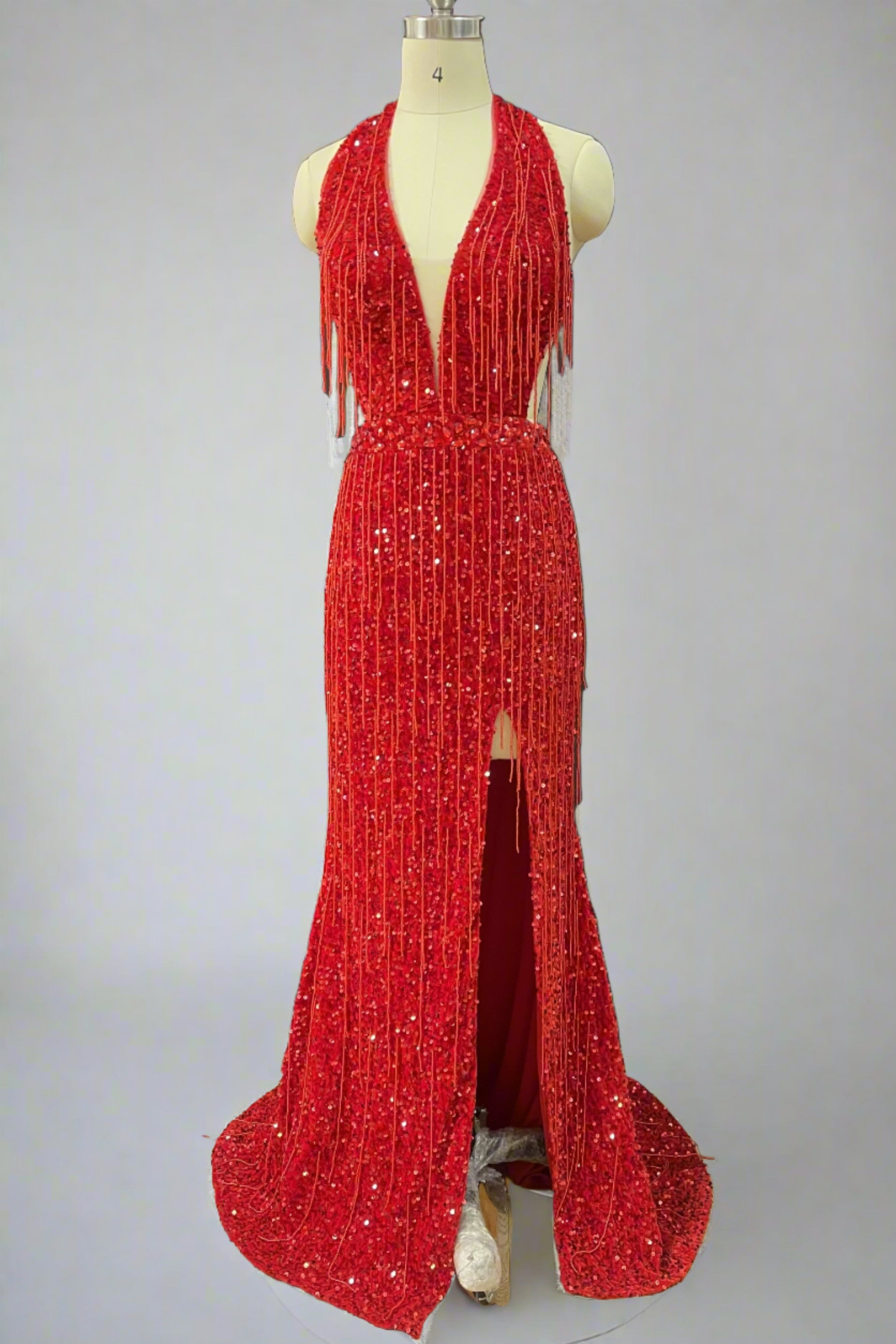 Red Deep V-Neck Sleeveless Mermaid Sequined Long Split Front Prom Dresses with Tassels