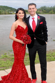 Red Long Mermaid V-Neck Sequined Prom Dresses 