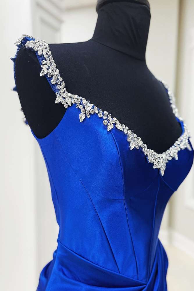 Royal Blue V-Neck Mermaid Satin Long Formal Dresses with Rhinestones