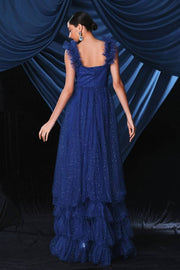 Royal Blue Glittery V-Neck A-Line Tulle Evening Formal Dresses with Ruffles