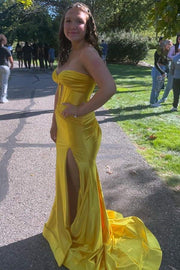 Yellow Strapless Mermaid Satin Prom Dresses with Slit