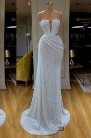 White Sequined Strapless Mermaid Prom Dresses