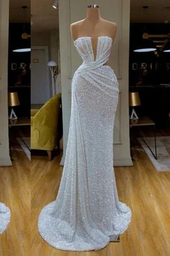 White Sequined Strapless Mermaid Prom Dresses