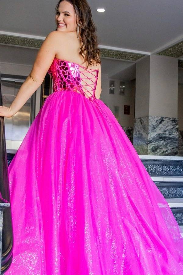 Fuchsia Plus Size Ball Gown Sequined Tulle Prom Dresses Strapless Sweetheart