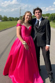 Fuchsia Off-The-Shoulder V-Neck A-Line Satin Prom Dresses with Rhinestones